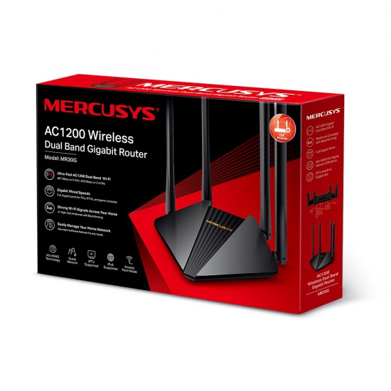 TP-LINK MERCUSYS MR30G 3 PORT 10/100/1000 AC1200 4x5dBI 867MPBS KABLOSUZ ROUTER TP-LINK MERCUSYS MR30G 3 PORT 10/100/1000 AC1200 4x5dBI 867MPBS KABLOSUZ ROUTER