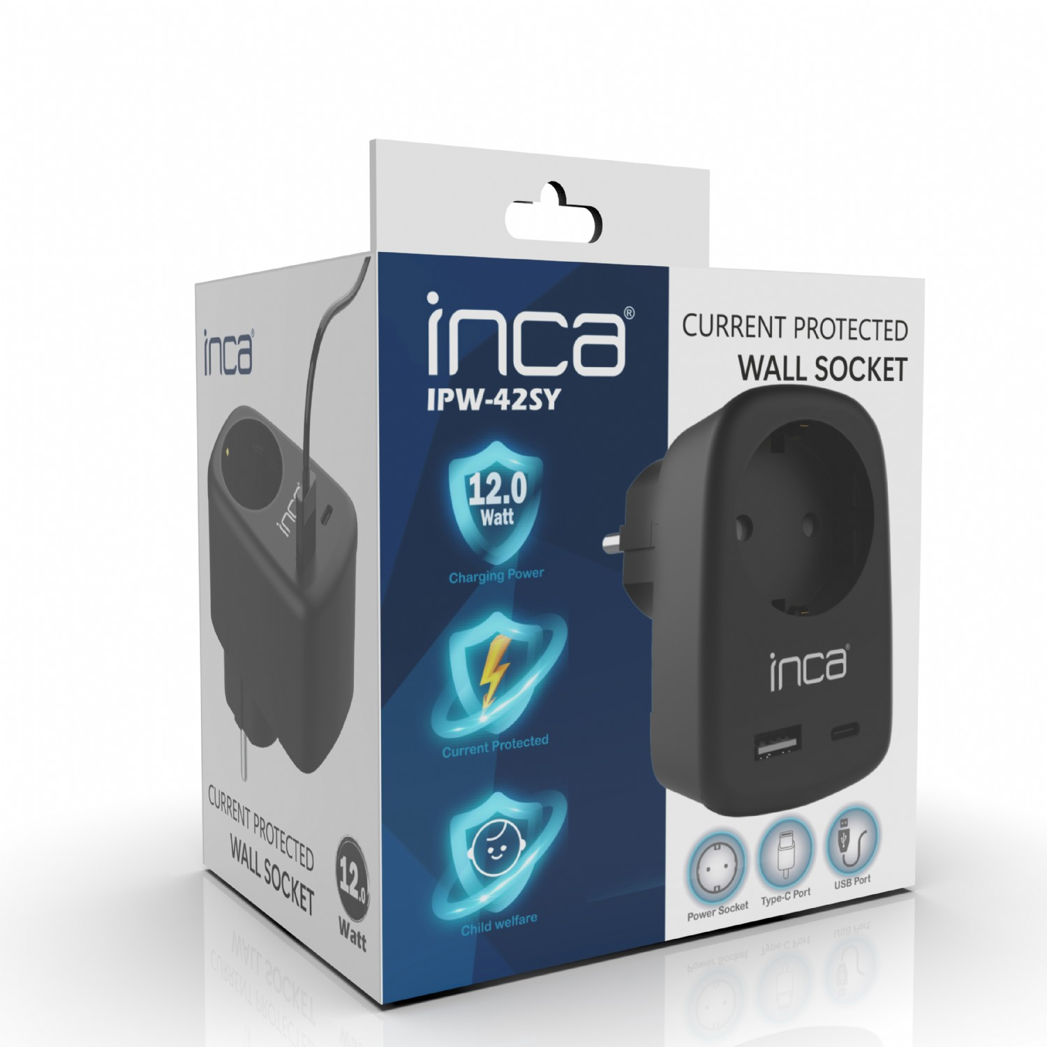 İnca IPW-42SY 1Port 12W USB+Type-C Akım Korumalı Duvar Priz - Siyah - görsel 4