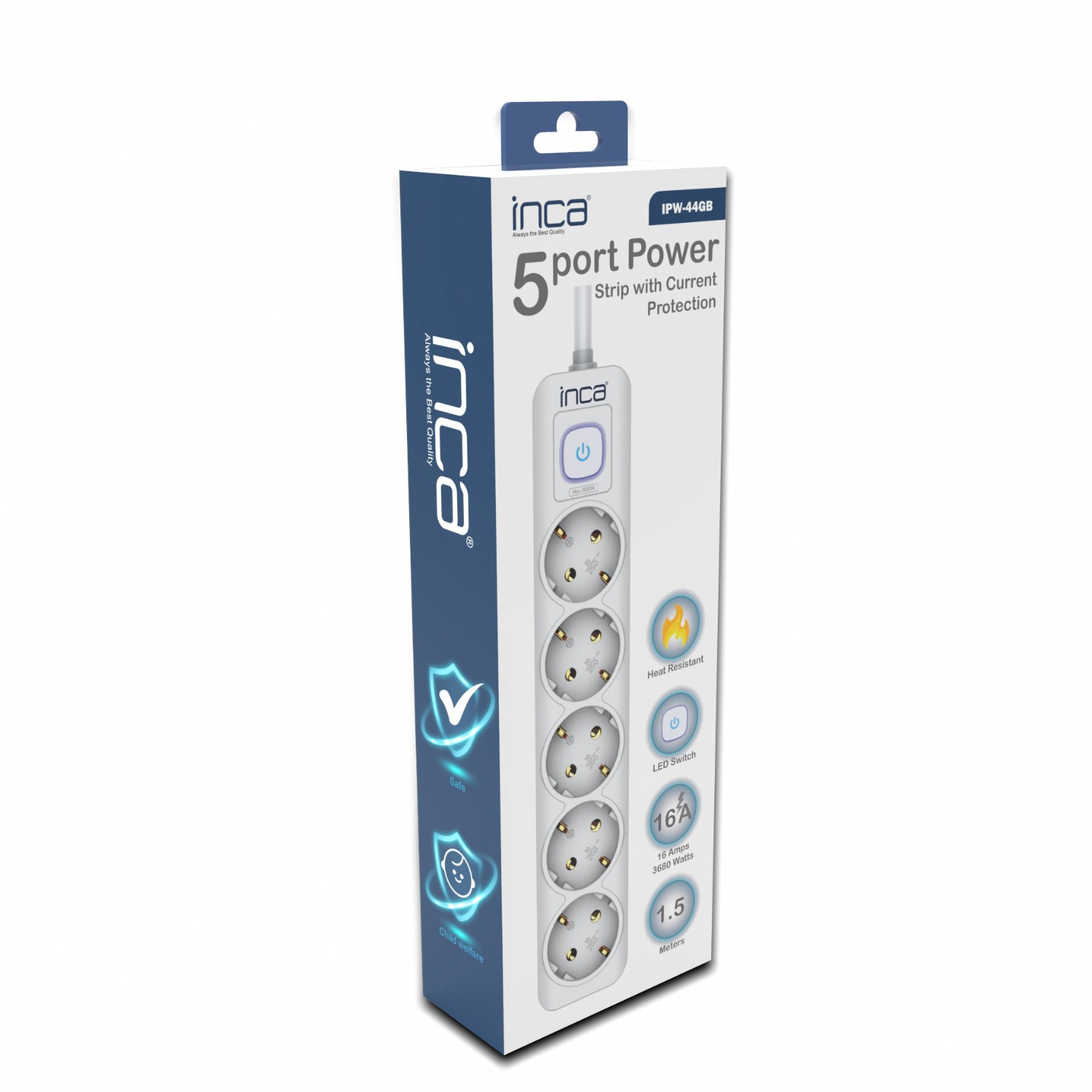 İnca Ipw-44gb 5 Port Akım Korumalı Led Tuşlu Priz 1.5m - Beyaz - görsel 4