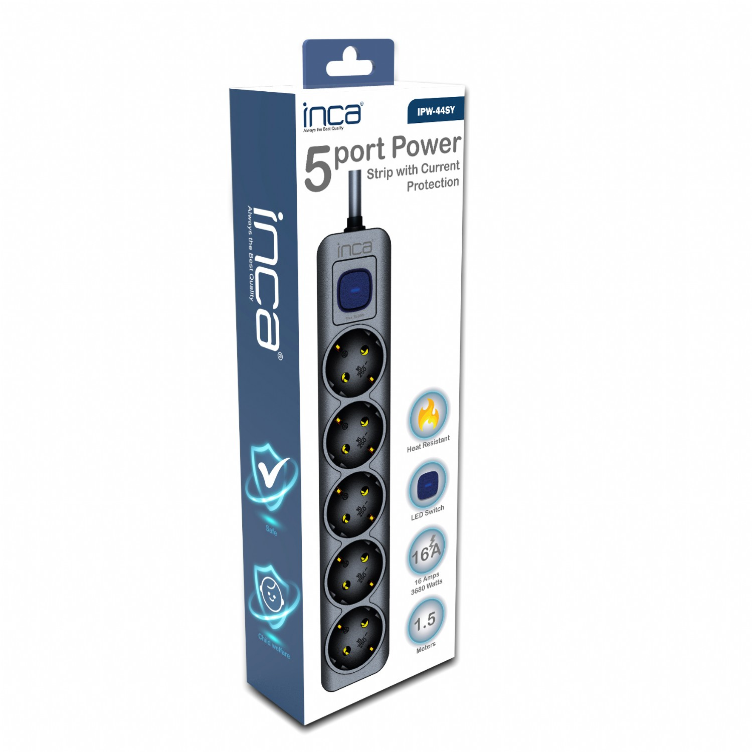 İnca IPW-44SY 5 Port Akım Korumalı Led Tuşlu Priz 1.5M - Siyah - görsel 4