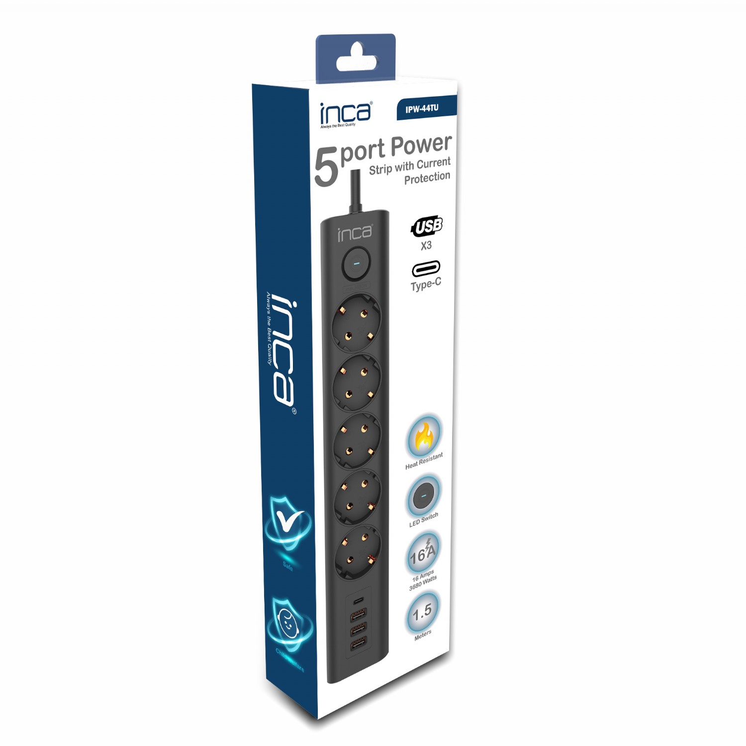 İnca IPW-44TU 5 port 2x USB+ Type-C Akım Korumalı Led Tuşlu Priz 1.5M - Siyah - görsel 3