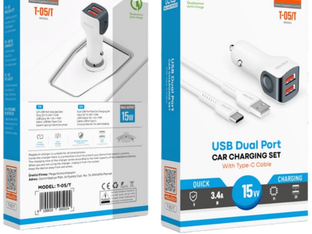 Megatech 15W Çift USB-A Type-C Araç Şarj Seti