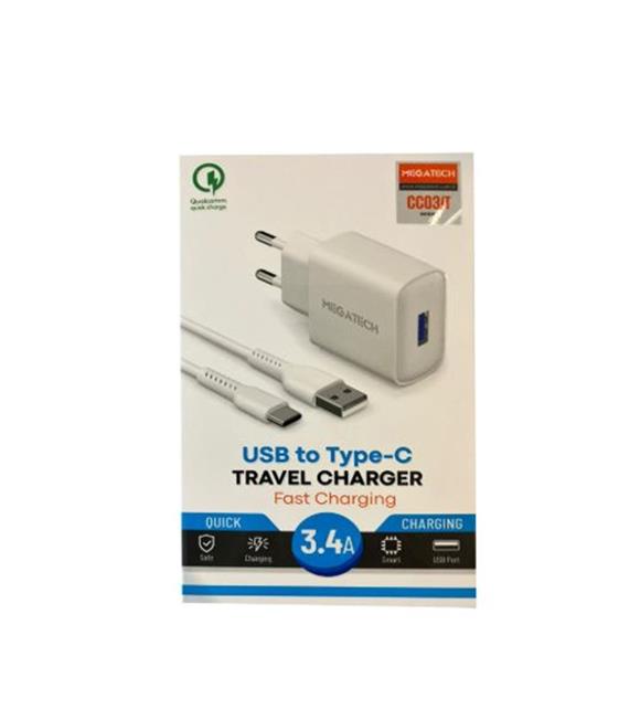 Megatech CC-03 (MT-Ct34 )3.4A Type-C Usb Kablo+ Ev Şarj Adaptör Hızlı Şarj