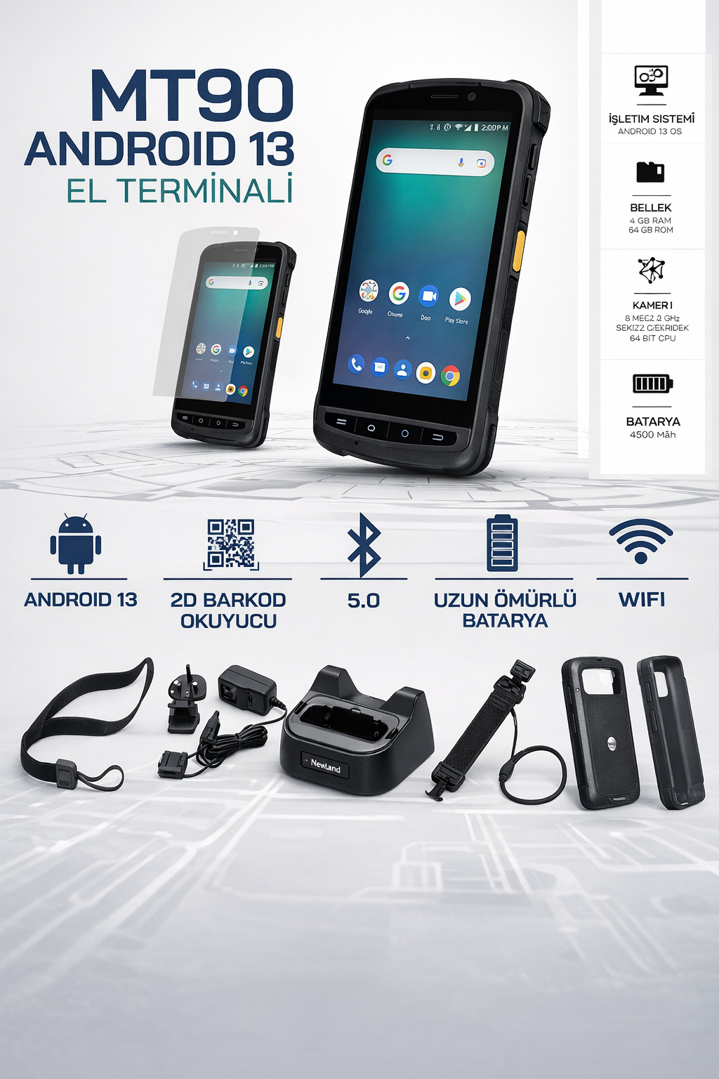 Newland MT9055-W0X Wifi, Karekod,Android,Kılıf El Terminali - görsel 3