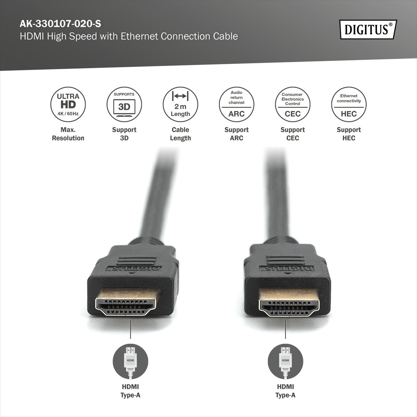 Digitus AK-330107-020-S HDMI High Speed with Ethernet connection cable