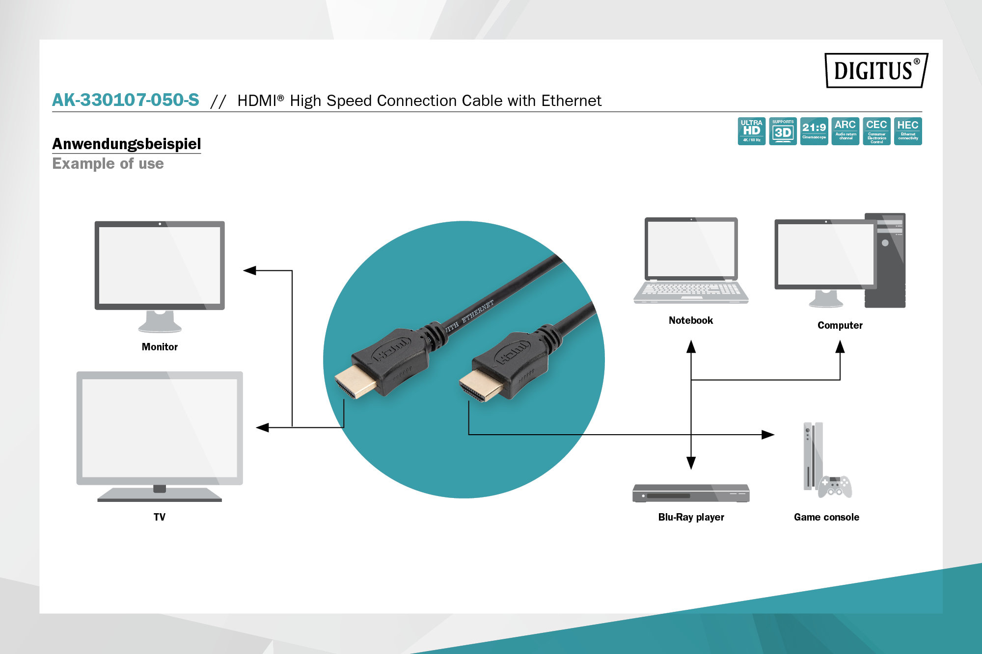 Digitus AK-330107-050-S HDMI High Speed with Ethernet Bağlantı Kablosu - görsel 4