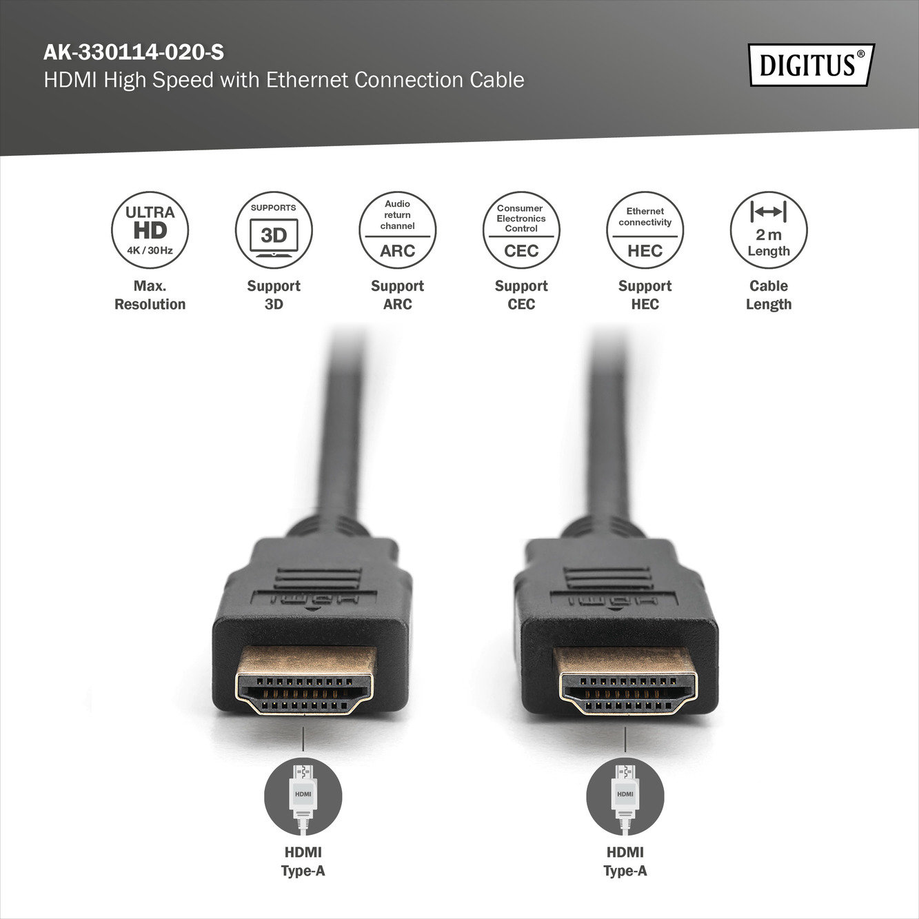 Digitus AK-330114-020-S HDMI High Speed with Ethernet Bağlantı Kablosu