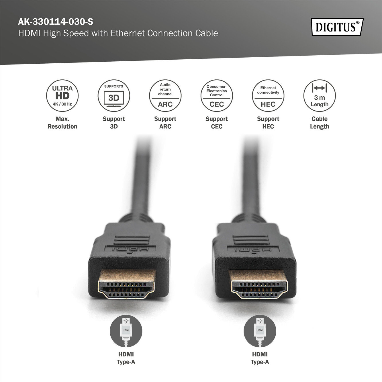 Digitus AK-330114-030-S HDMI High Speed with Ethernet Bağlantı Kablosu - görsel 3