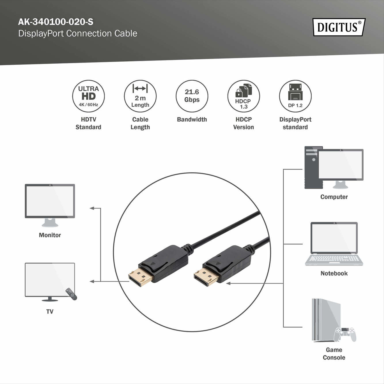 Digitus AK-340100-020-S DisplayPort Kablosu
