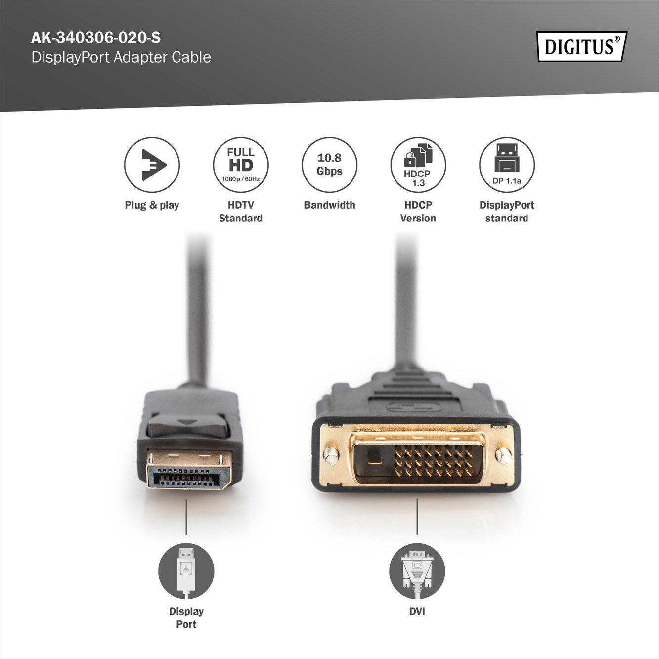Digitus AK-340306-020-S DisplayPort adaptör kablosu