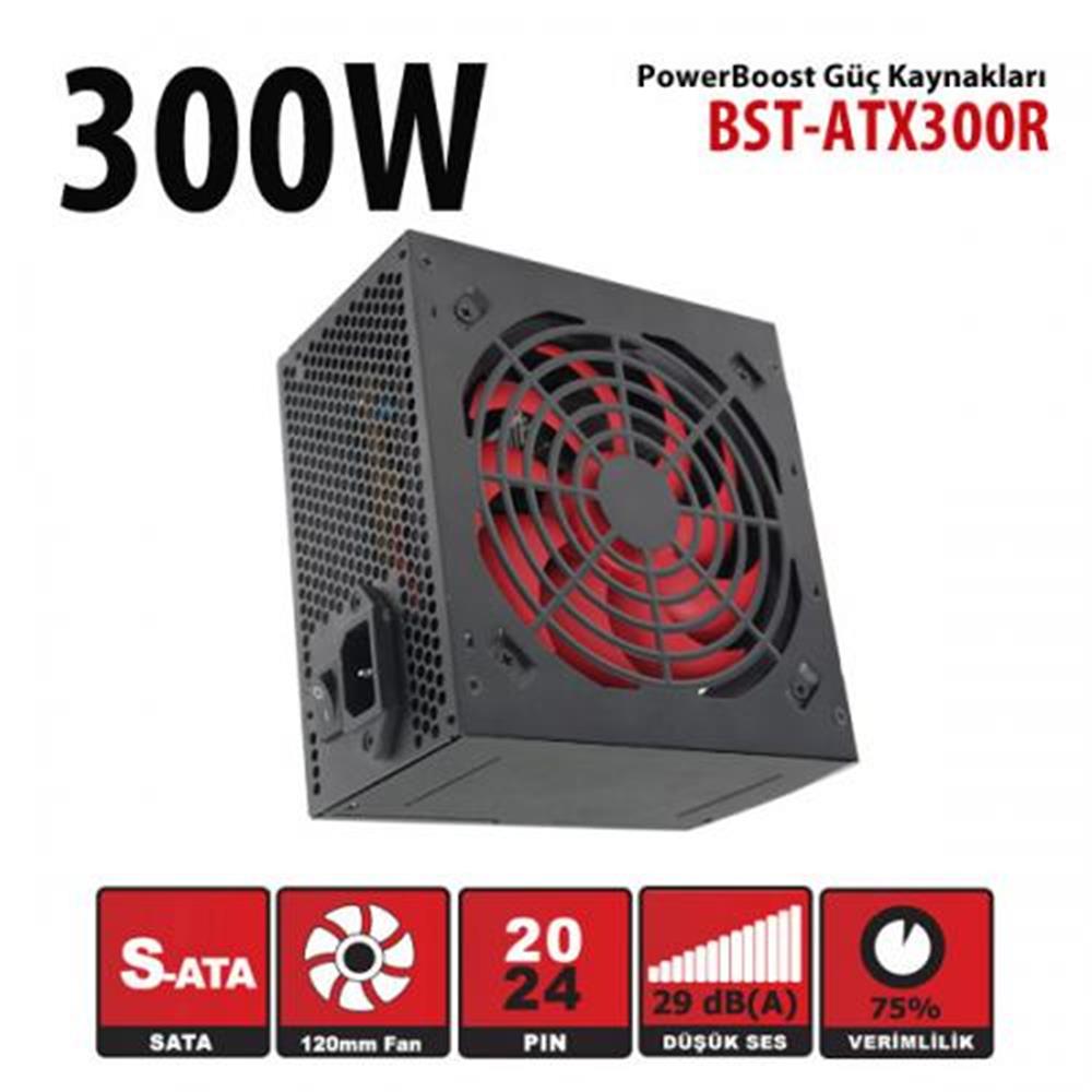 PowerBoost BST-ATX300R 300w, PPFC 12cm Kırmızı Fanlı ATX PSU (Retail Box) Güç Kaynağı - görsel 2