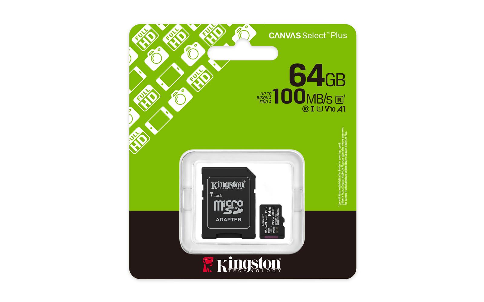 Kingston SDCS3/64GB 64GB microSDXC Canvas Select Plus Gen3 100MB/s A1 Card + Adapter Hafıza Kartı