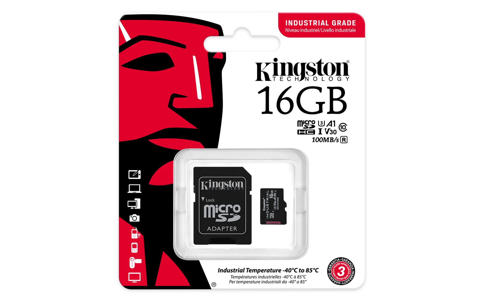 Kingston SDCIT2/16GB 16GB microSDHC Industrial C10 A1 pSLC Card + SD Adapter Hafıza Kartı