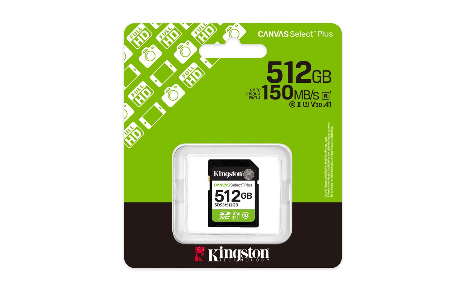 Kingston SDS3/512GB 512GB SDXC Canvas Select Plus Gen3 150MB/s C10 UHS-I U3 V30 Hafıza Kartı