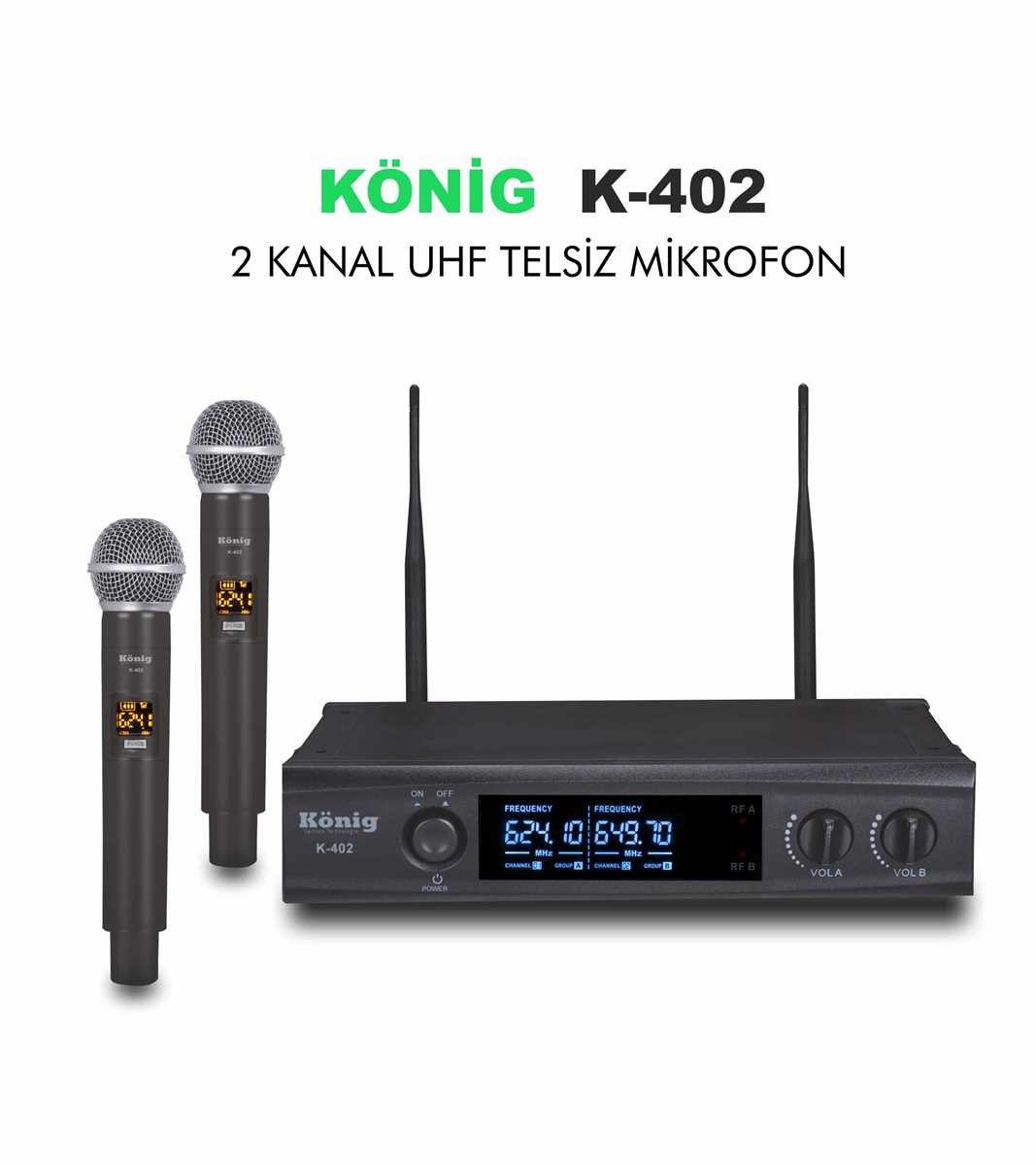 KÖNİG K-402 UHF Çift Kanal 2 El Kablosuz Mikrofon Seti
