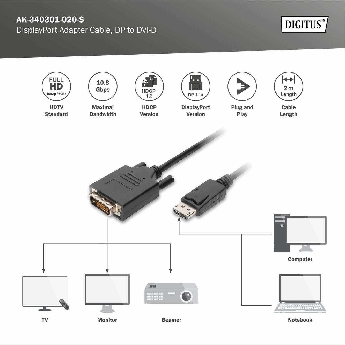 Digitus AK-340301-020-S DisplayPort DVI Kablosu - görsel 4