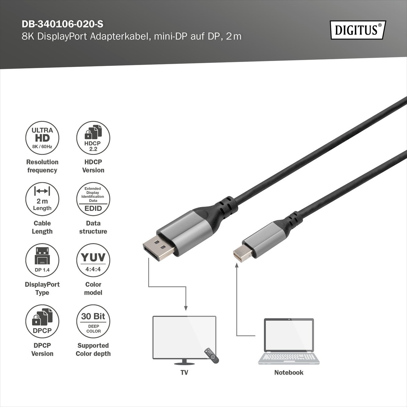 Digitus DB-340106-020-S 8K DisplayPort Adaptör Kablosu - görsel 3