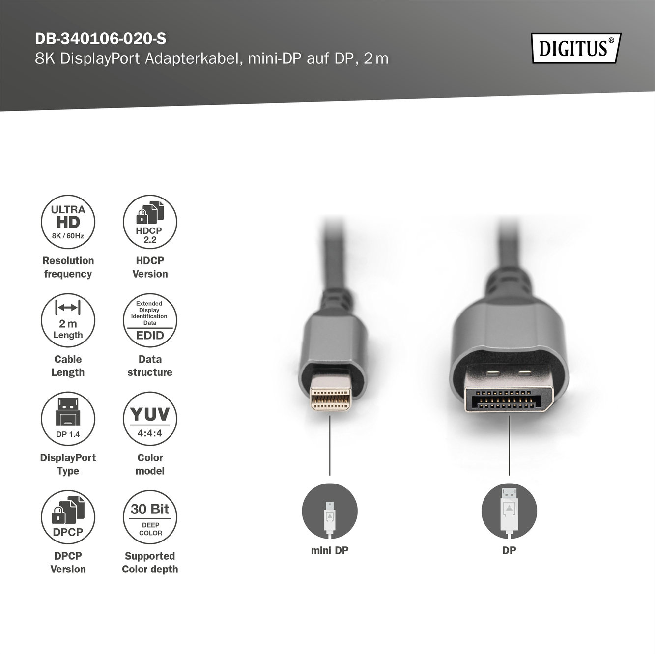 Digitus DB-340106-020-S 8K DisplayPort Adaptör Kablosu - görsel 4