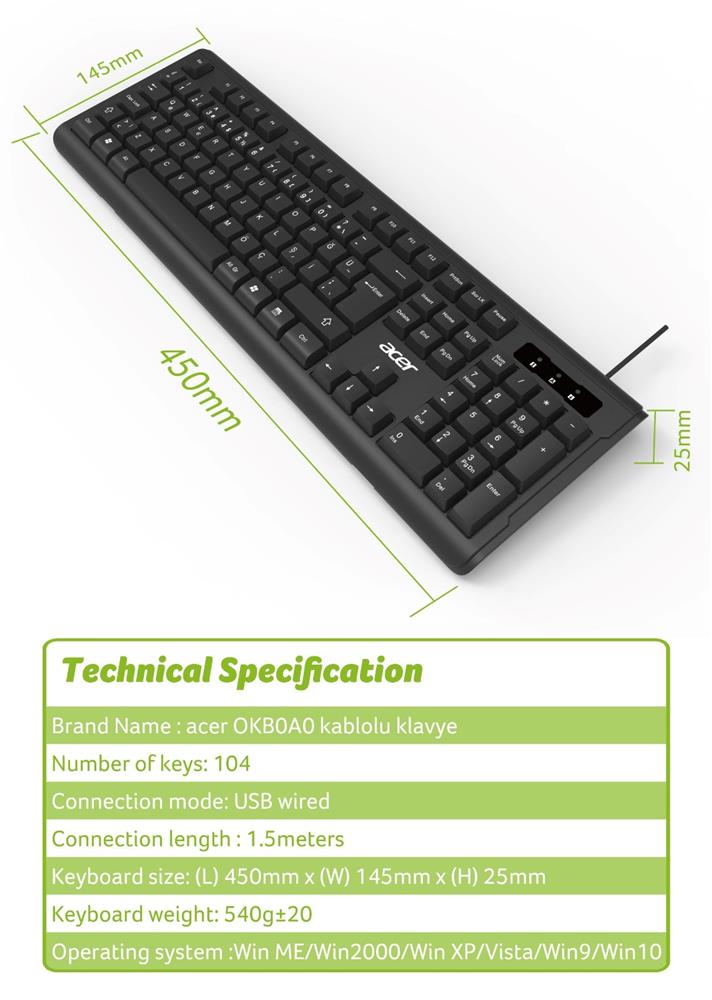 Acer OAK-0A0 Siyah Kablolu Sessiz Tuşlu Klavye (Caps Lock) (Kablo Uzunluğu 1.50Cm) Caps Lock - görsel 2