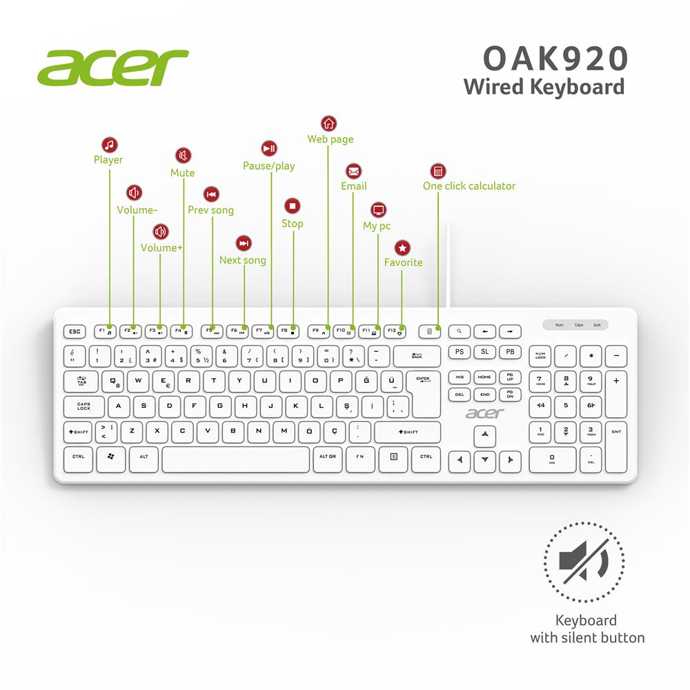 Acer OAK920 Q Usb Beyaz 1.8mt Kablolu Klavye/Tek Tuş Hesap Makinalı (Sessiz Tuş) - görsel 2