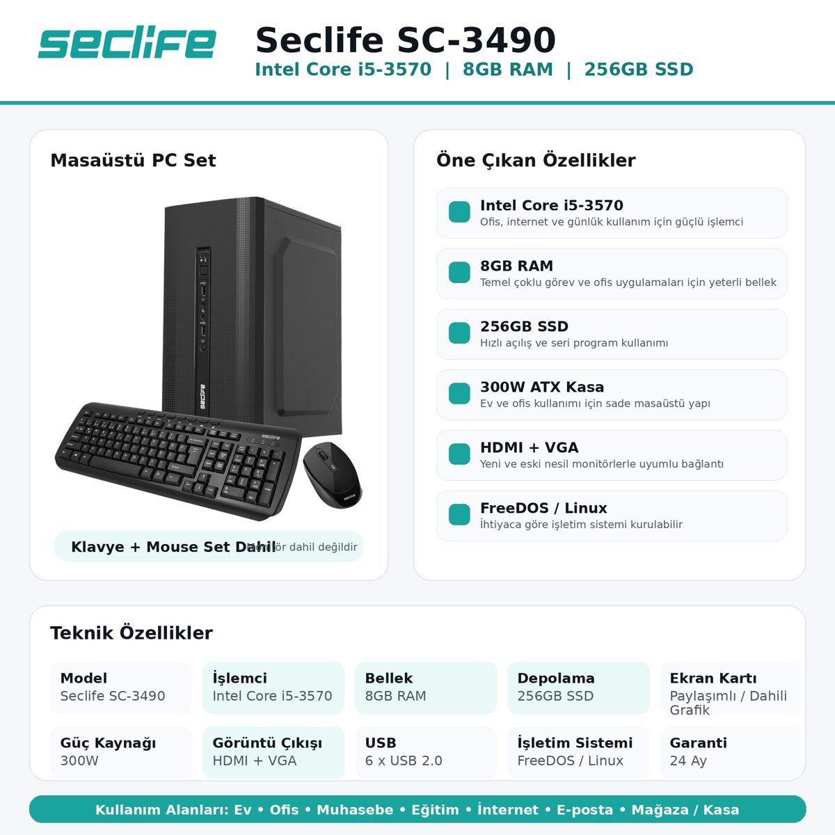 Seclife SC-3490 İ5-3570 8GB 256GB Nvme SSD 300W Dos - görsel 5
