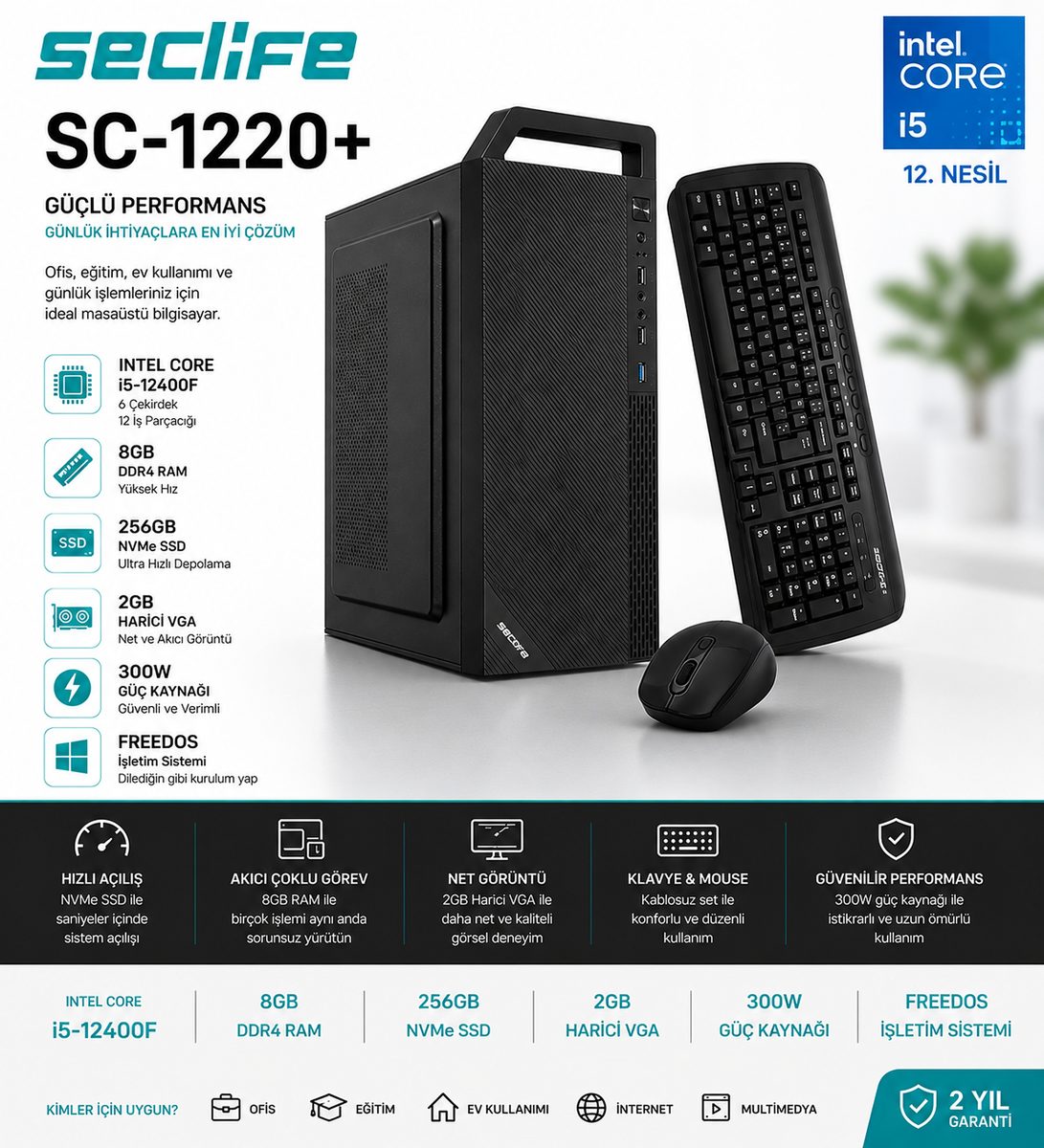 Seclife SC-1220+ i5-12400F 8GB 256GB Nvme 2GB VGA 300W Dos - görsel 5