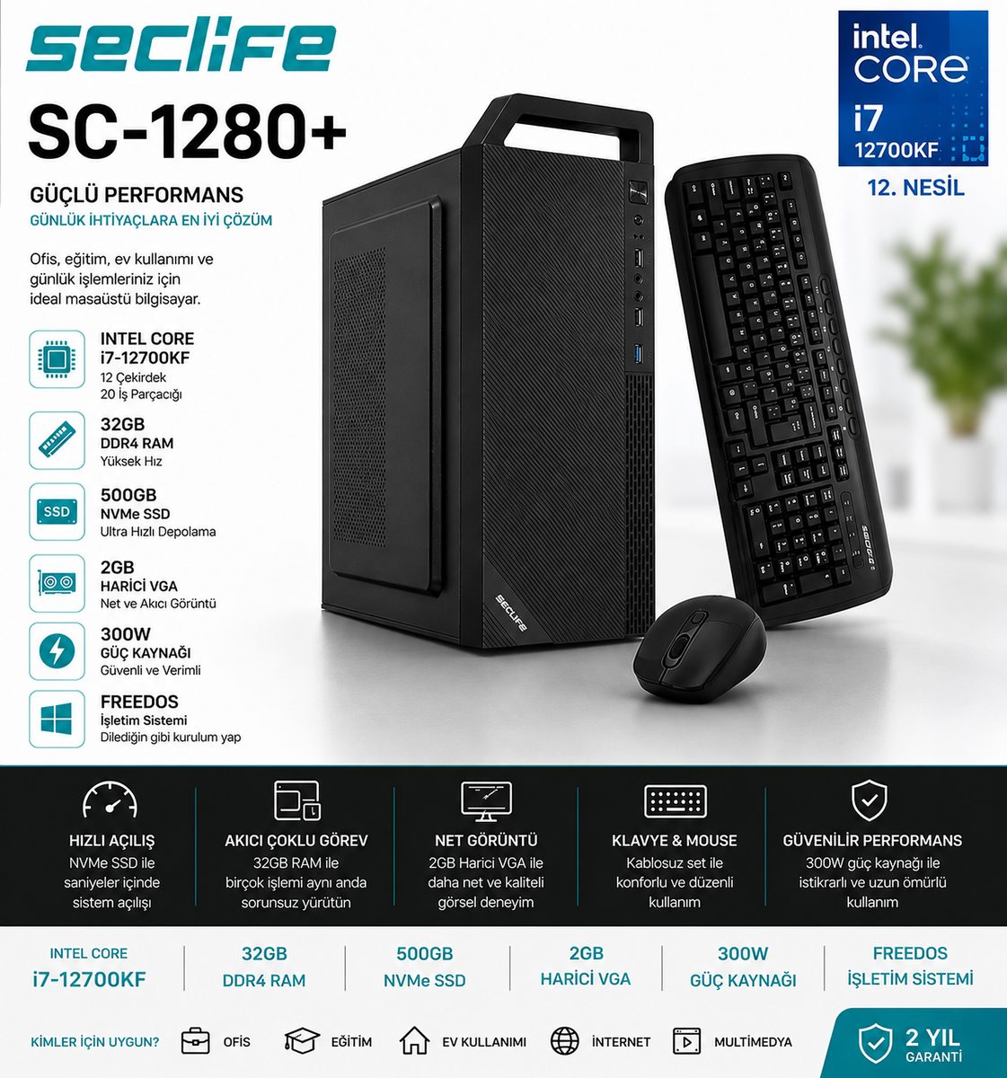 Seclife SC-1280+ i7-12700KF 32GB 500GB Nvme 2GB VGA 300W Dos - görsel 5