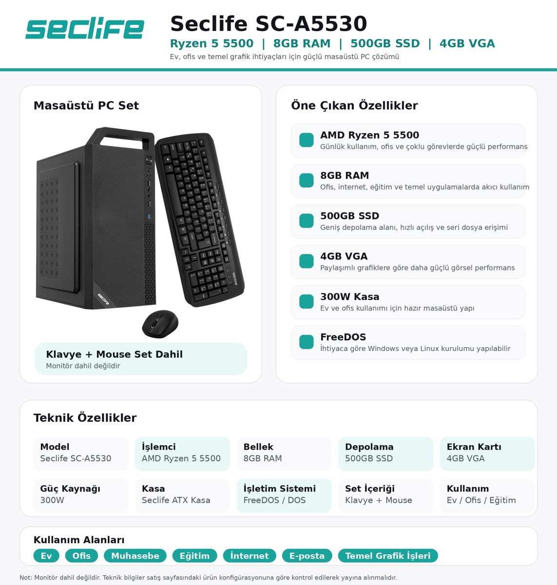 Seclife SC-A5530 Ryzen 5500 16GB 500GB Nvme 2GB VGA 300W Dos - görsel 3