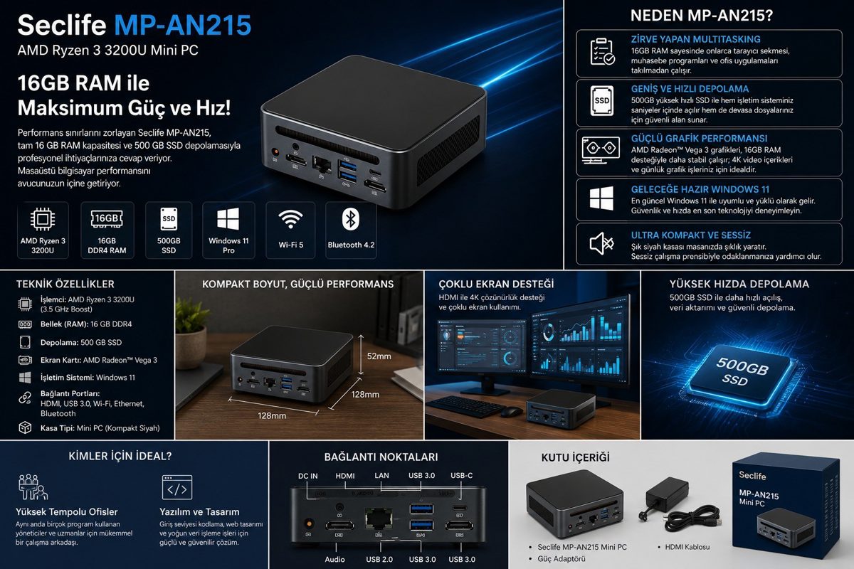 Seclife MP-AN215 Ryzen3 3200U 16GB 500GB SSD Siyah Mini Pc - görsel 3