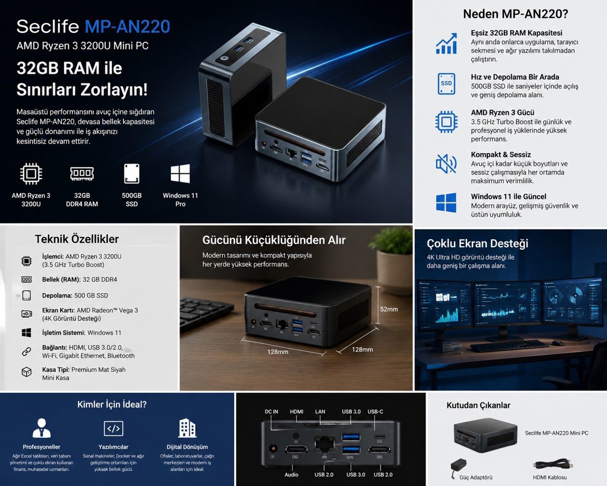 Seclife MP-AN220 Ryzen3 3200U 32GB 500GB SSD Siyah Mini Pc - görsel 3