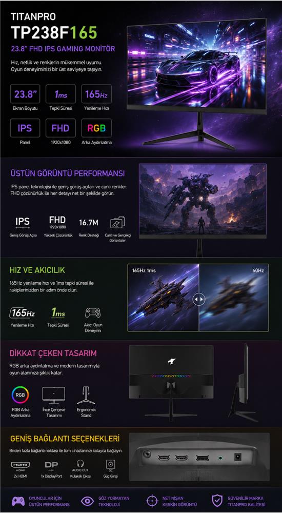 TITANPRO TP238F165 23,8" 1MS 165Hz IPS FHD sRGB Gaming Monitör