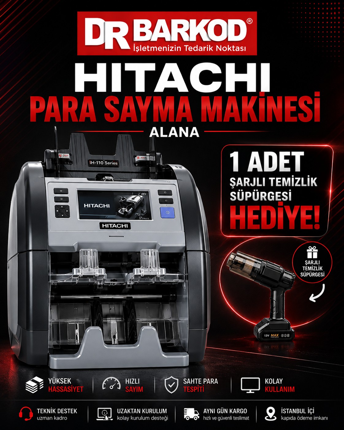 Hitachi-Hunter Ih-110 İki Katlı, 30 Ülke Kombinasyonlu Karışık Para Sayma Makinesi + Şarjlı Temizleme Süpürge Hediyeli - görsel 5