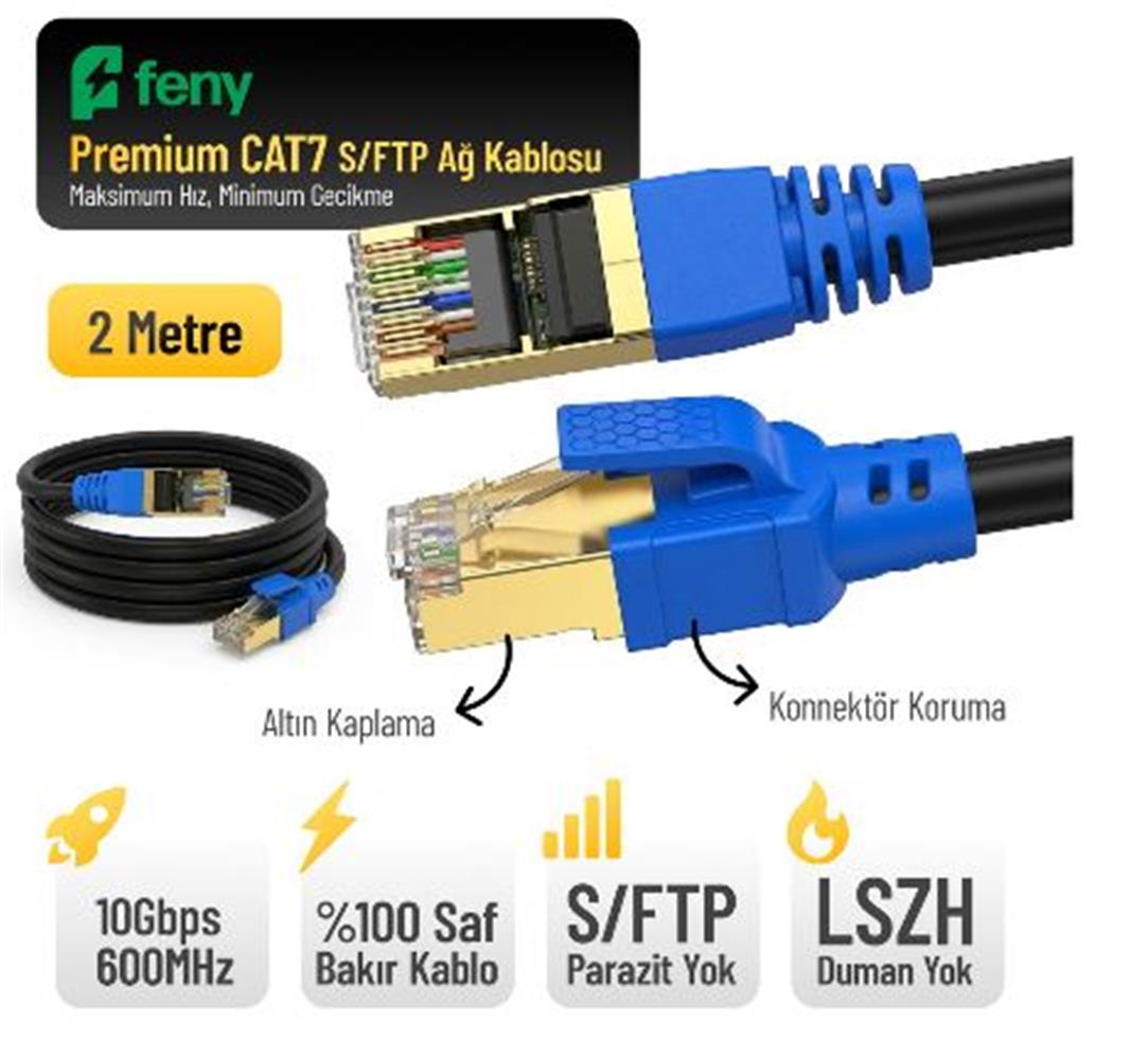 Feny FN-CAT7LS02 10GBPS İnternet 600MHZ 2 Metre CAT7 Gold Patch Kablo (Yanmaz-%100 Saf Bakır)