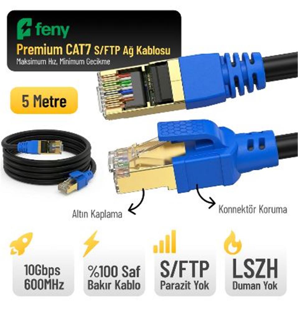 Feny FN-CAT7LS05 10GBPS İnternet 600MHZ 5 Metre CAT7 Gold Patch Kablo (Yanmaz-%100 Saf Bakır)