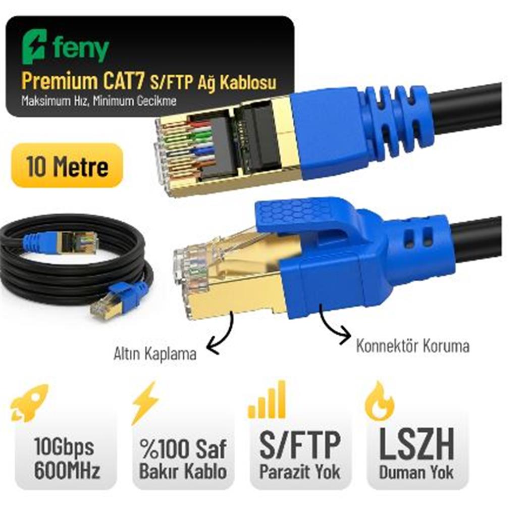 Feny FN-CAT7LS10 10GBPS İnternet 600MHZ 10 Metre CAT7 Gold Patch Kablo (Yanmaz-%100 Saf Bakır)
