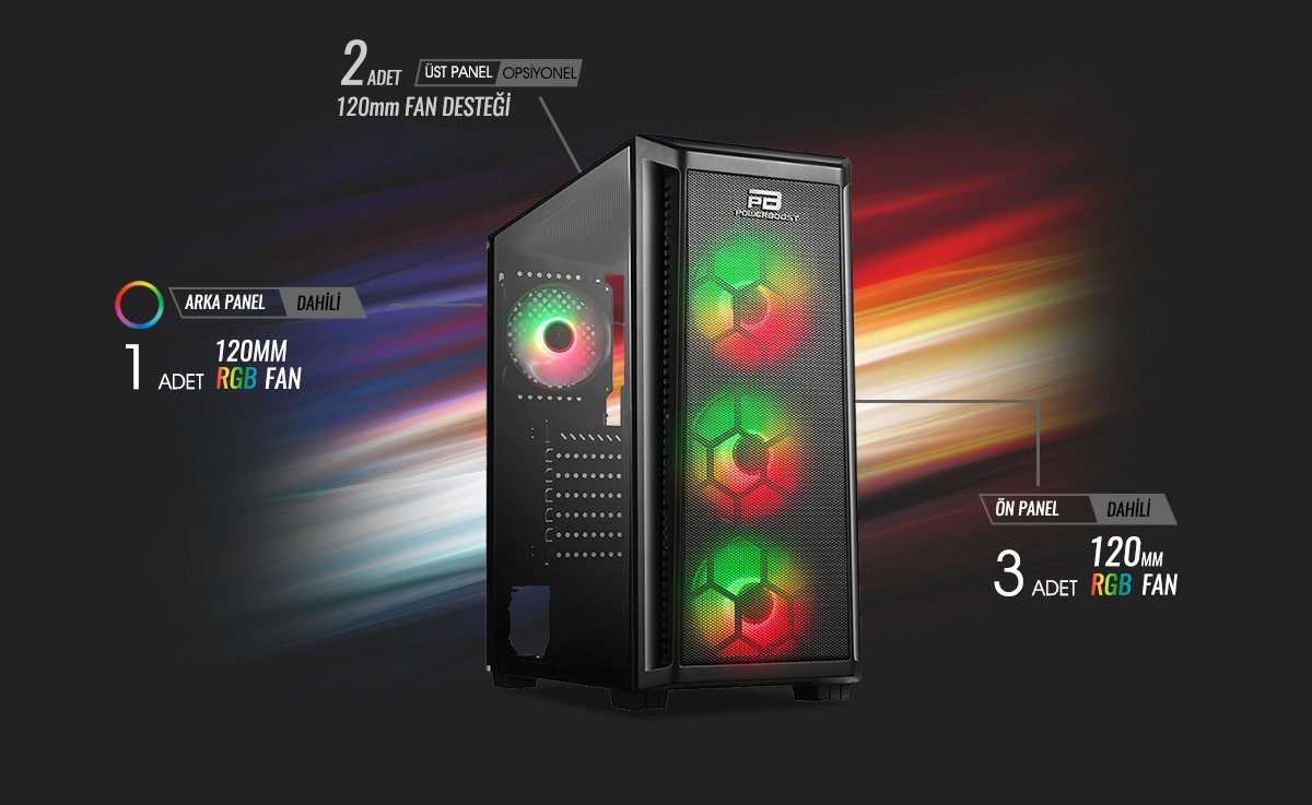 PowerBoost PB-T001BB 750w 80+ Bronze Full Siyah Mesh Panel RGB Fan Kasa - görsel 2