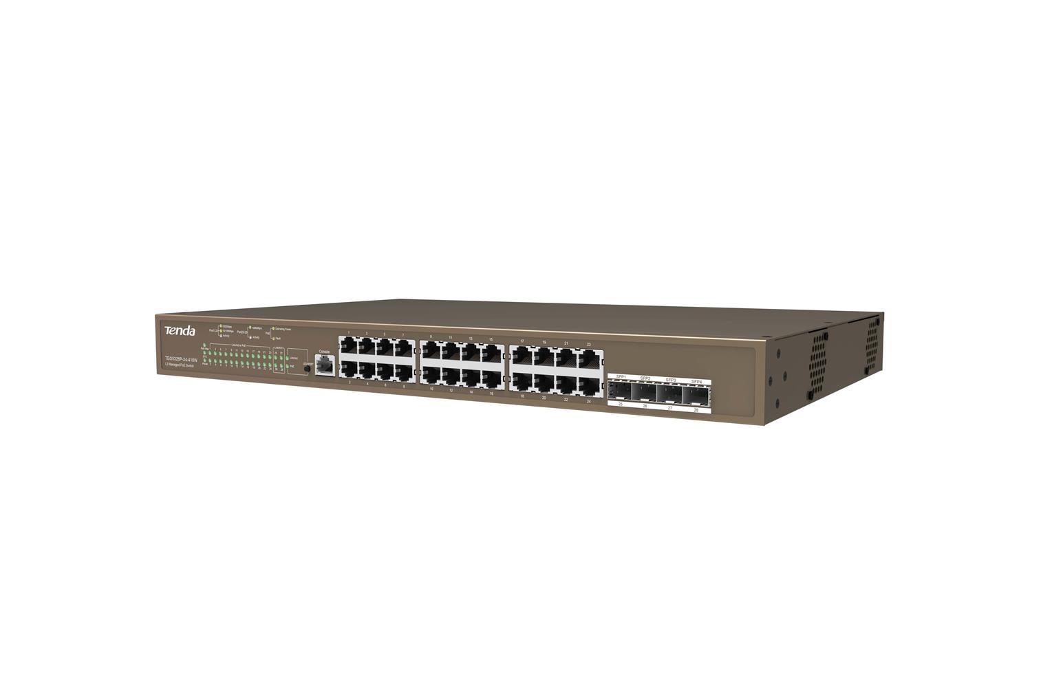 Tenda TEG5328P-24-410W 24 Port Poe+ 10/100/1000 Switch 4 Port SFP L3 Çelik Kasa Rack Mount