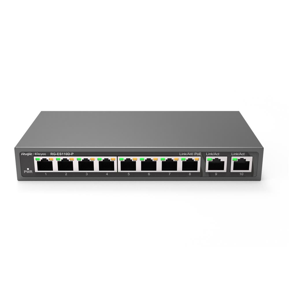 Ruijie-Reyee RG-ES110D-P 8 Port Poe+ 10/100 Mbps 2 Port 10/100/1000 Mbps Uplink Switch Çelik Kasa