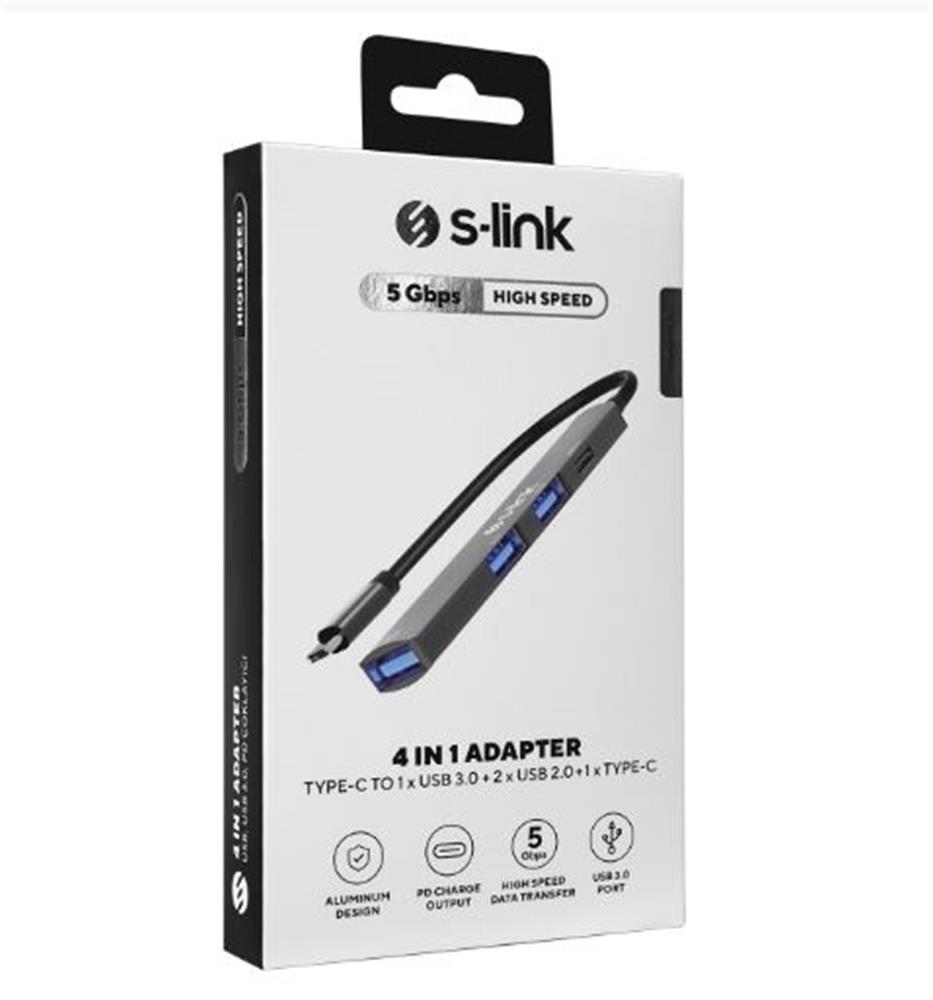 S-link SWV-USBC023 4 in 1 Gri Metal TypeC to 2*USB2.0 USB 3.0, PD Type C Adaptör