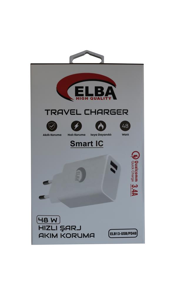 Elba ELB13 Elb-48w 3.4A USB/Pd48 (Usb+Type-C) Akıllı Koruma/ Isıya Dayanklı Hızlı Şarj Ev Şarj Kafa