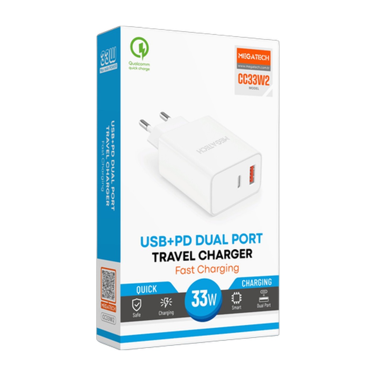 Megatech 33W Çift Portlu Hızlı Şarj Adaptörü (USB-A QC + Type-C PD)