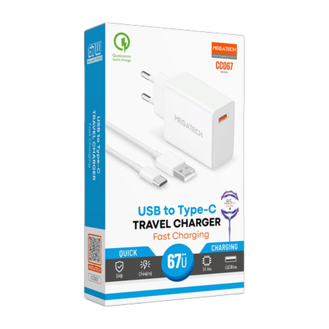 Megatech 67W MAX Hızlı Şarj Seti (USB-A to Type-C Kablolu)