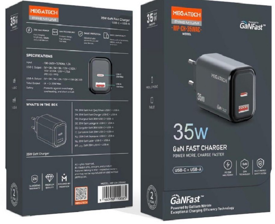 Megatech GaN 35W PD + USB-A Şarj Başlığı Siyah