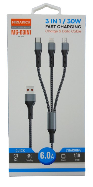 Megatech 30W 3 in 1 USB-A to Type-C + Lightning + Micro Şarj Kablosu