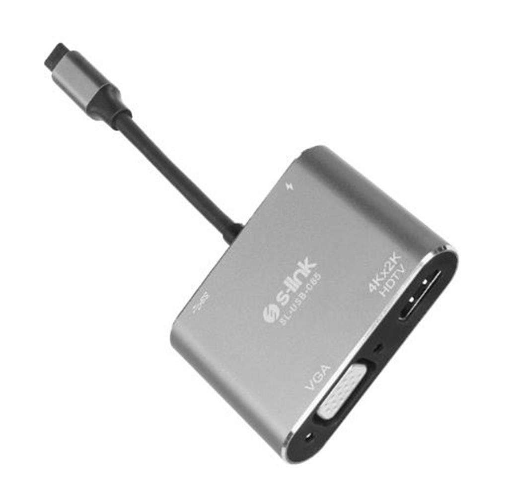 S-link SL-USB-C85 4 in 1 Type C to, PD+HDMI+VGA+USB3.0 Çevirici Hub Adaptör