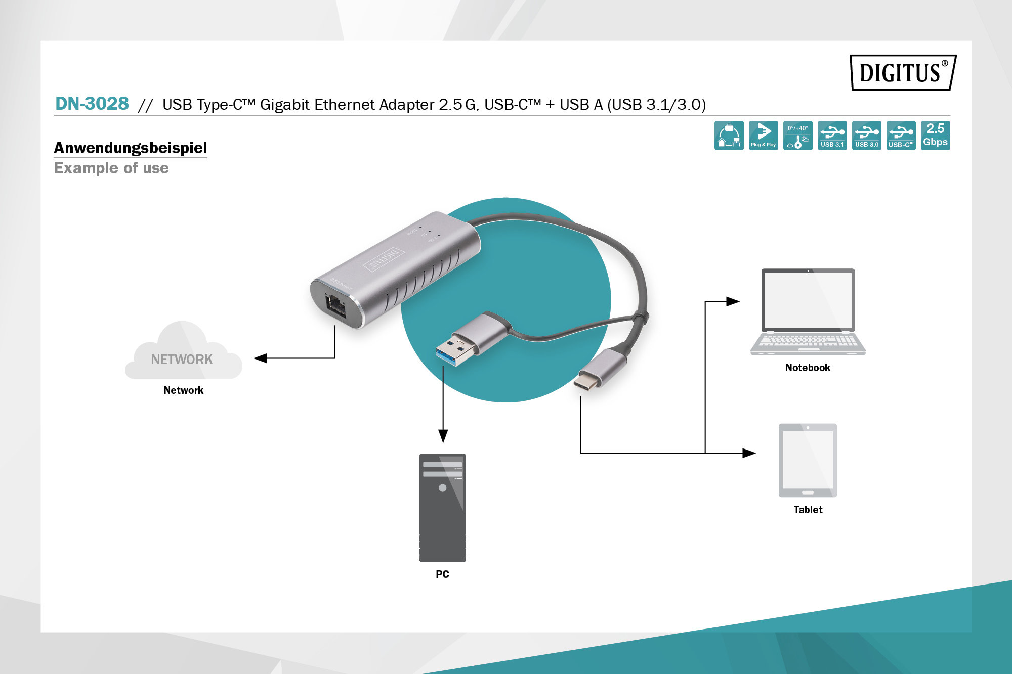 Digitus DN-3028 USB Tip C Gigabit Ethernet Adaptörü 2.5G