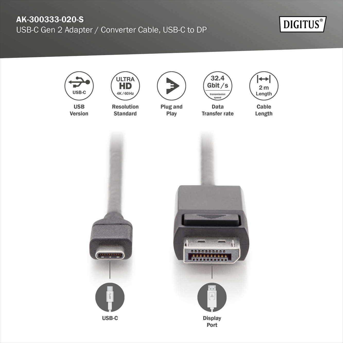 Digitus AK-300333-020-S DisplayPort Adaptör/Dönüştürücü Kablosu - görsel 5