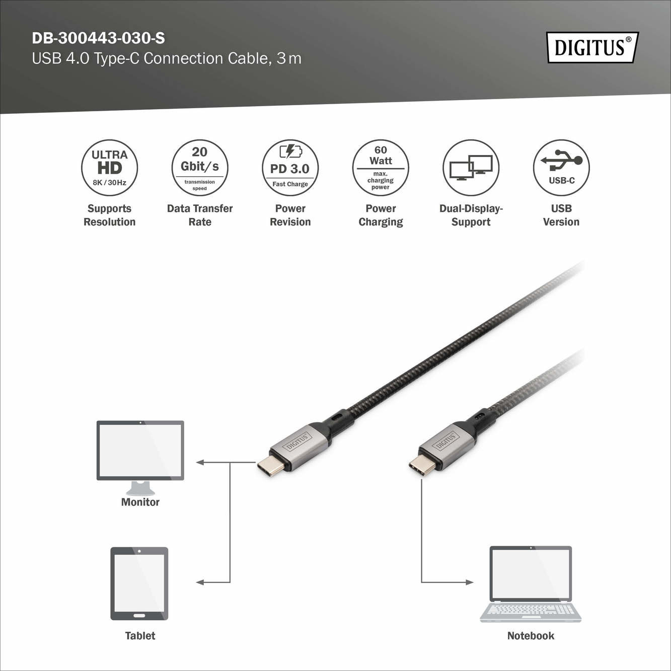 Digitus DB-300443-030-S USB 4.0 Tip C Bağlantı Kablosu (USB 4 Bağlantı Kablosu - görsel 6