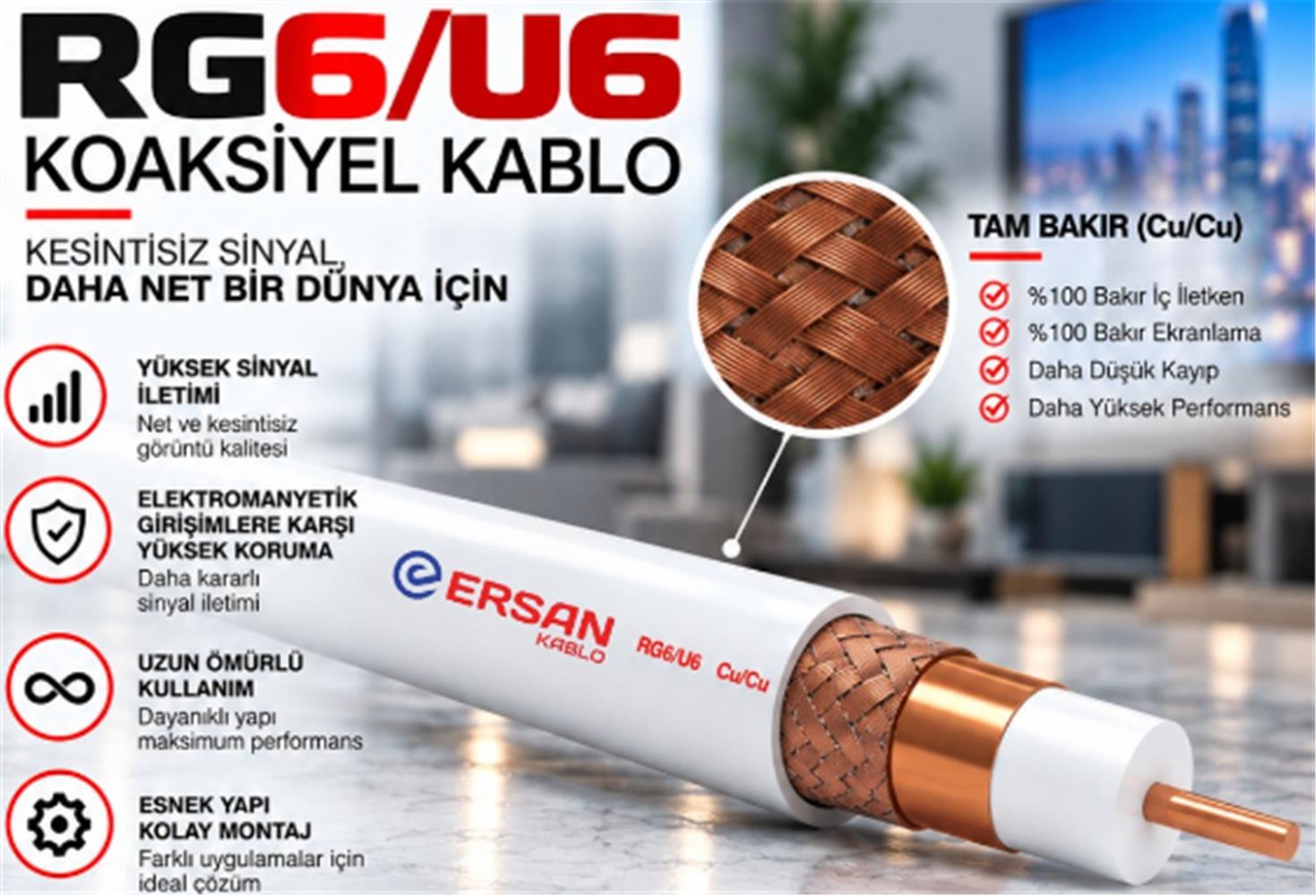 Ersan RG 6/U6 Cu / Cu Class B PVC 500 Metre Beyaz Uydu Kablosu